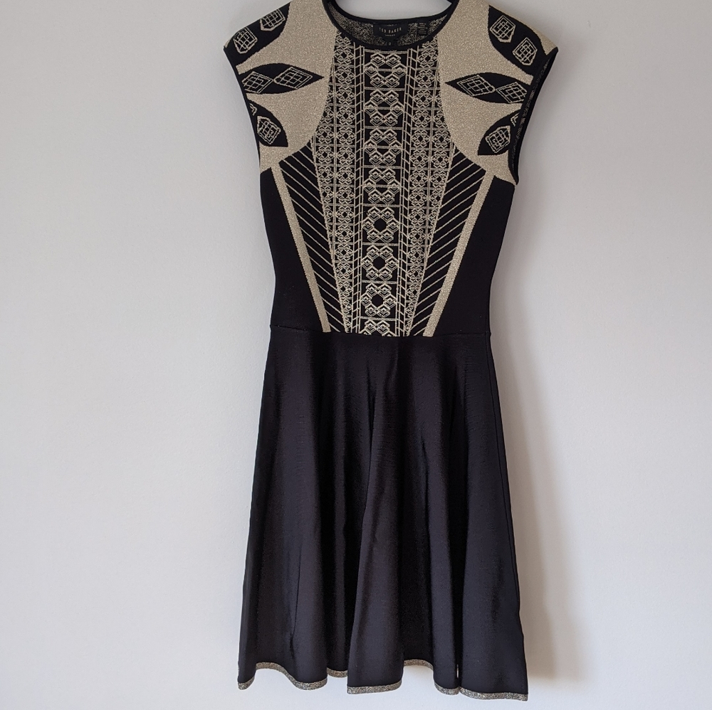 Ted Baker Black and Cream Embroidered Midi Dress